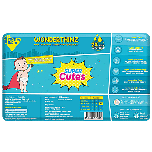 Super Cute's WonderThinz Ultra Thin Pull Up Diapers - Soft, Absorbent, Wetness Indicator, M, 29 pcs  