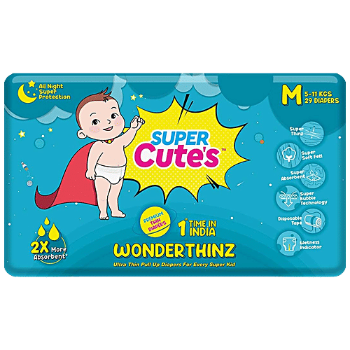 Super Cute's WonderThinz Ultra Thin Pull Up Diapers - Soft, Absorbent, Wetness Indicator, M, 29 pcs  