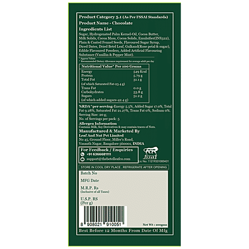 The Betel Leaf Co. Calcutta Meetha Infused Dark Mint Chocolate, 100 g Goodness of Chocolate, Richness of Milk, Meetha Paan