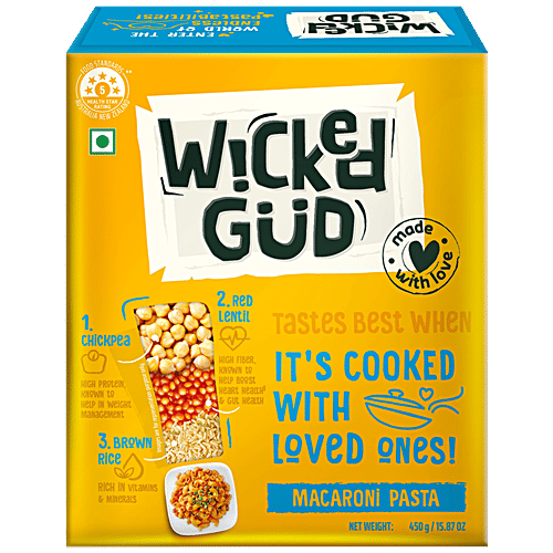 WickedGud Macaroni Pasta - Chickpea, Red Lentil, Brown Rice, High Fiber & Protein, Gluten-Free, 450 g