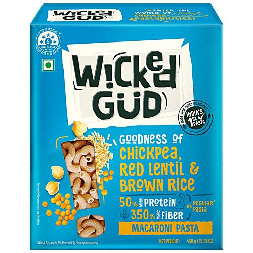 WickedGud Macaroni Pasta - Chickpea, Red Lentil, Brown Rice, High Fiber & Protein, Gluten-Free, 450 g