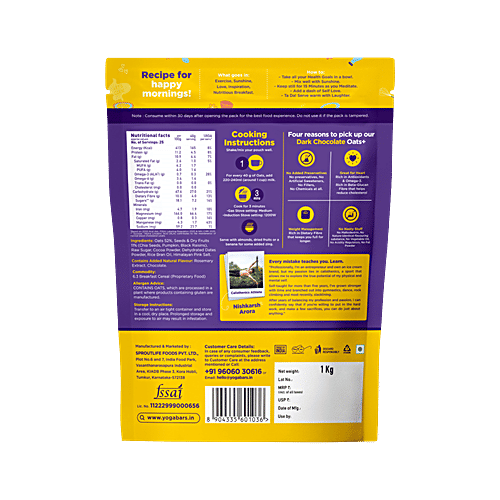 Yoga Bar Oats - Dark Chocolate, Healthy, High In Fibre, Breakfast Cereal, Gluten Free, 1 kg Pouch Healthy
High In Fibre
Gluten Free