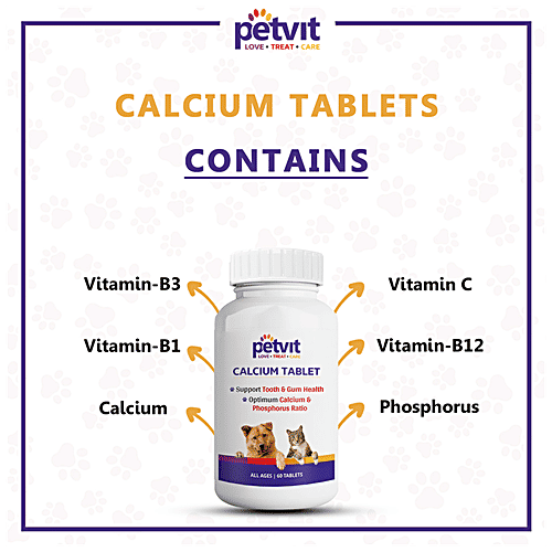 Petvit Calcium Tablet - Support Tooth & Gum Health, Optimum Calcium & Phosphorus Ratio, For All Age Dogs & Cats, 60 pcs  