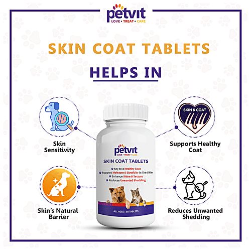 Petvit Skin Coat Tablets - Healthy Coat, Shine & Texture, Reduces Unwanted Shedding, For All Age Dogs, 60 pcs