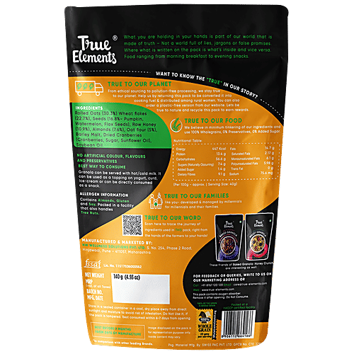 True Elements Ready To Eat Breakfast - Baked Granola Honey Crunch, Healthy & Fibre Rich, 140 g  