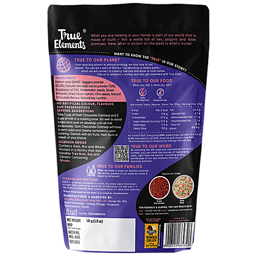 True Elements Ready To Eat Breakfast - Dark Chocolate Oatmeal, High Fibre, 145 g