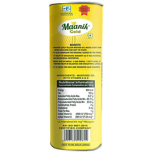 Maanik Gold Gold Yellow Mustard Oil - Enriched With Vitamin A & D, Ideal For Cooking, 5 L Tin