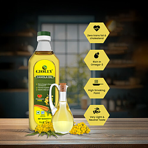 Giolly Giolly Canola Oil - Rich In Vitamins, Cholesterol Free, Ideal, 1 L Bottle Rich in Omega 3, Omega 6 And Vitamin E, Free From Argemone Oil, Ideal For Indian Cooking