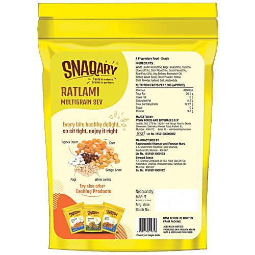 Snaqary Ratlami Multigrain Sev - Super Grain Ragi, High In Protein, Healthy, Delicious, 140 g Standy Pouch 