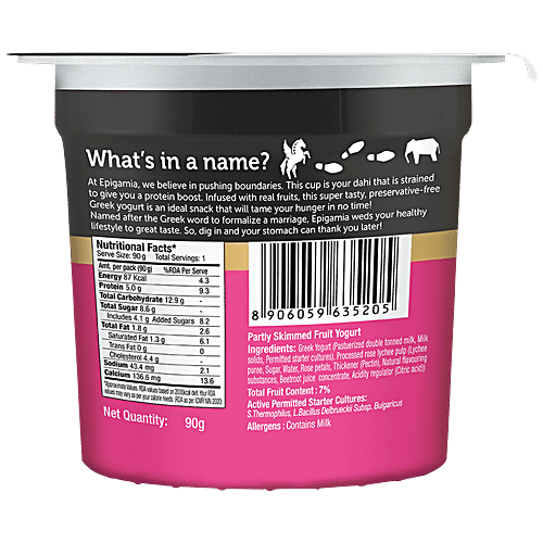 Epigamia  Greek Yogurt - High Protein, Rose & Lychee, 90 g  