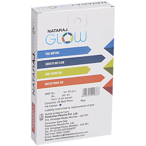 Nataraj 621 Glow Ball Pens - Blue Ink, 20 pcs  Comfortable Grip, Non-fading Ink, Smooth Writing, Quick-drying