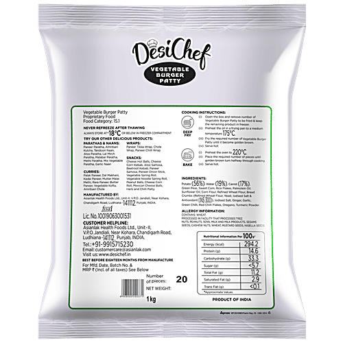 DesiChef Vegetable Burger Patty - Ready To Eat, No Added Preservatives, Colour, 20 pcs  