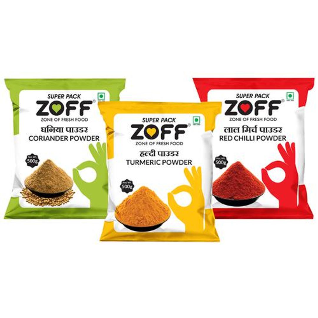 Zoff Super CTC Combo - Red Chilli, Coriander & Turmeric Powder, High Quality Spices, 1.5 Kg ( 3 x 500 g each )