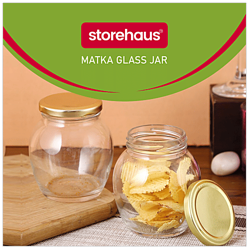 STOREHAUS Glass Jar/Container - With Golden Metal Lid, Matka, 335 ml (Set of 6)