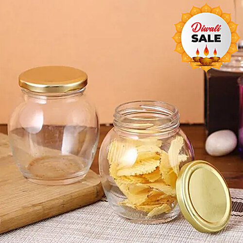 STOREHAUS Glass Jar/Container - With Golden Metal Lid, Matka, 335 ml (Set of 6)