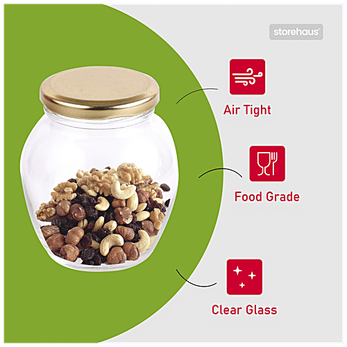 STOREHAUS Glass Jar/Container - With Golden Metal Lid, Matka, 335 ml (Set of 6)