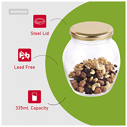 STOREHAUS Glass Jar/Container - With Golden Metal Lid, Matka, 335 ml (Set of 6)