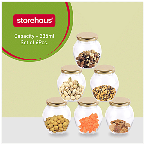 STOREHAUS Glass Jar/Container - With Golden Metal Lid, Matka, 335 ml (Set of 6)