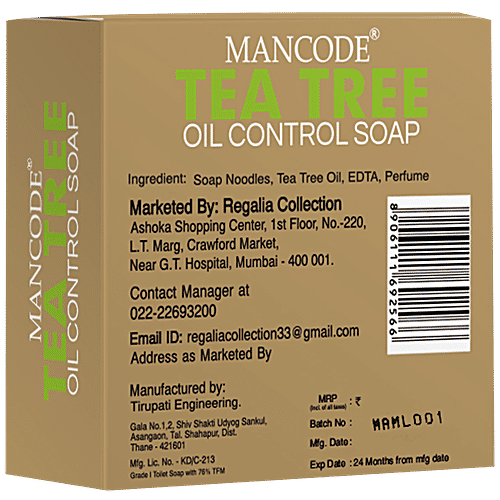Mancode Oil Control Tea Tree Soap - With Natural Ingredients, Paraben Free, Body & Face Bar, 125 g