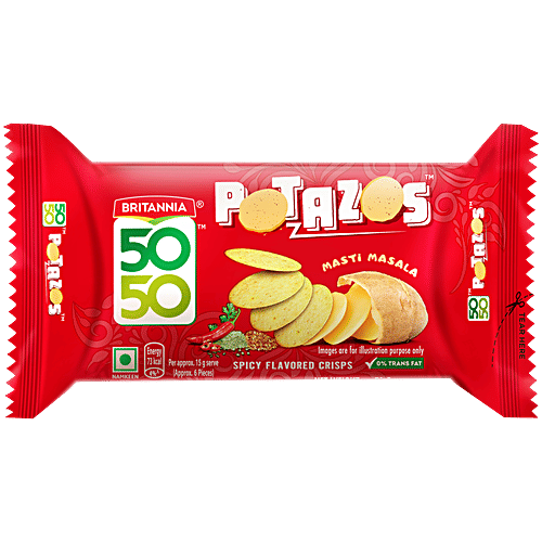 Britannia 50-50 Potazos - Masti Masala, Spicy Flavoured Crisps, 71.5 g Pouch Potato and Biscuit ka tasty combination