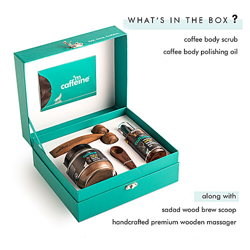 mCaffeine Coffee De-Stress Gift Hamper - Body Scrub, Body Oil, Wooden Massager, For Women & Men, Relaxing Routine, 200 g  