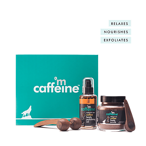 mCaffeine Coffee De-Stress Gift Hamper - Body Scrub, Body Oil, Wooden Massager, For Women & Men, Relaxing Routine, 200 g  