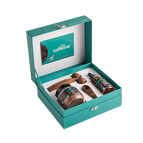 mCaffeine Coffee De-Stress Gift Hamper - Body Scrub, Body Oil, Wooden Massager, For Women & Men, Relaxing Routine, 200 g  