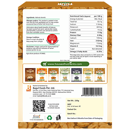 Everyday Four Walnuts/Akhrot - Rich In Antioxidant & Omega 3, Cholesterol Free, 200 g Box 