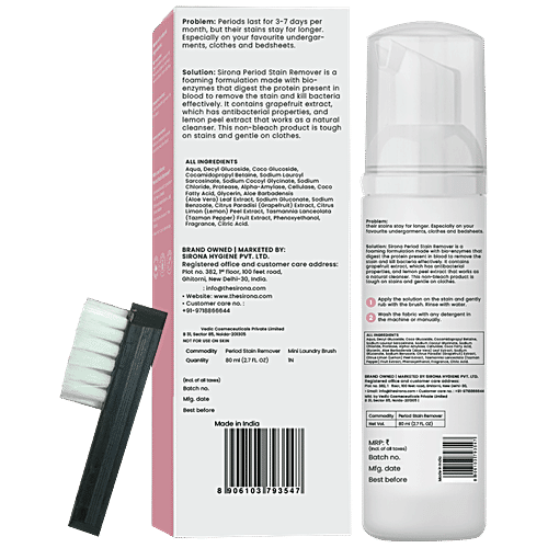 SIRONA Antibacterial Period Stain Remover with Mini Laundry Brush | No-Bleach Foaming Formulation, 80 ml  