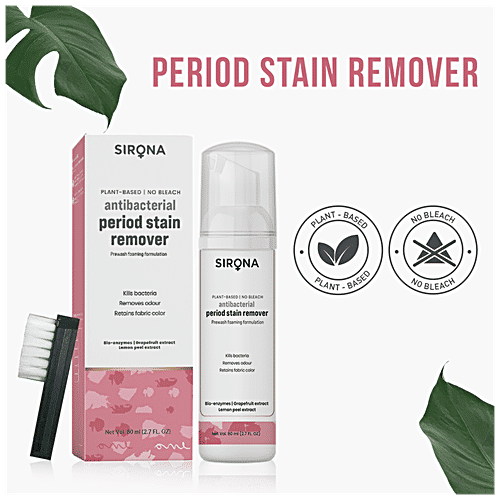 SIRONA Antibacterial Period Stain Remover with Mini Laundry Brush | No-Bleach Foaming Formulation, 80 ml  