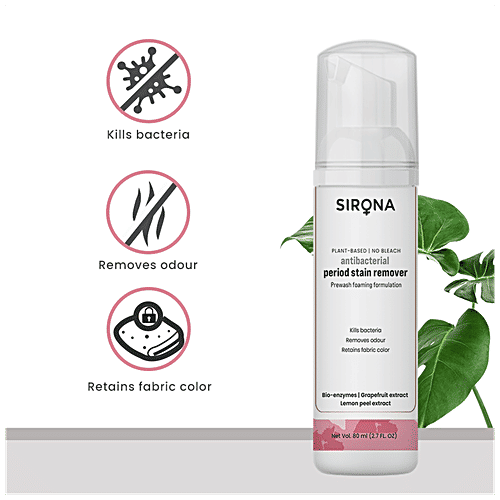 SIRONA Antibacterial Period Stain Remover with Mini Laundry Brush | No-Bleach Foaming Formulation, 80 ml  