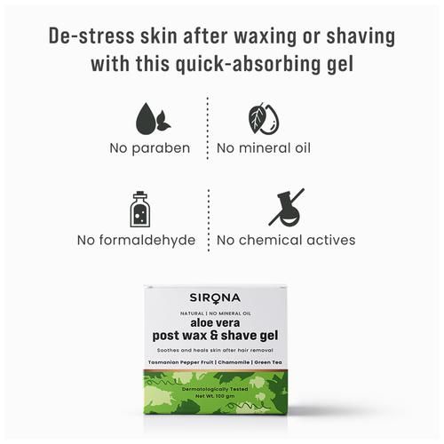 SIRONA Natural Mineral Oil Free Post Shave Gel After Shaving Lotion for Men & Women - 100 gm | Soothes & Heals Skin After Hair Removal with Aloe Vera, Green Tea, Tasmanian Pepper Fruit & Chamomile, 100 g Jar 