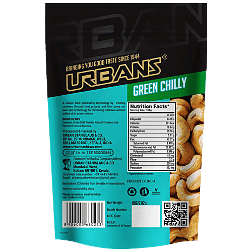 URBANS STANISLAUS Cashews - Healthy, Premium Quality, Dry Roasted Green Chilli Flavour, 80 g  