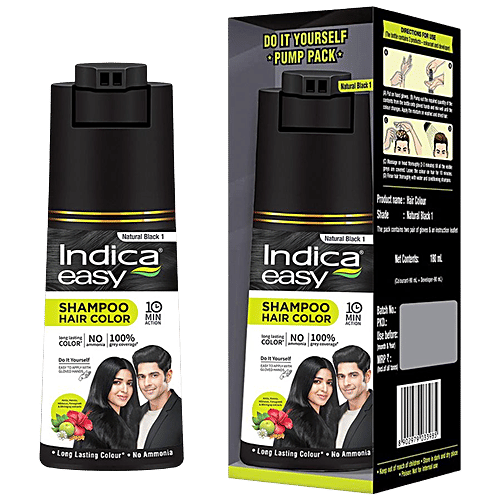 Indica Easy Do-It-Yourself Shampoo Hair Color - With 5 Herbal Extracts, No Ammonia, Long-Lasting Formula, 180 ml Natural Black 1 