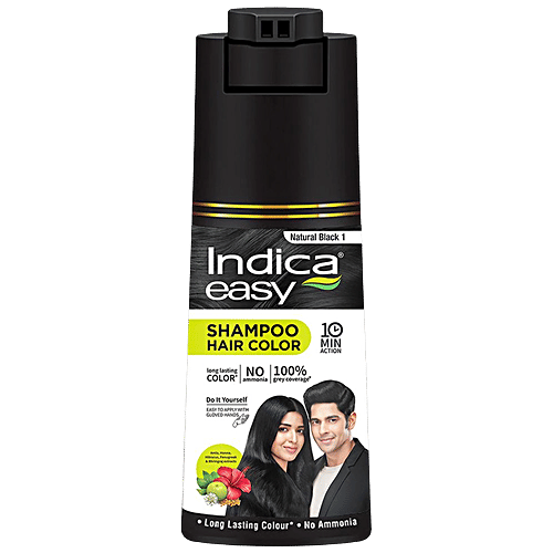 Indica Easy Do-It-Yourself Shampoo Hair Color - With 5 Herbal Extracts, No Ammonia, Long-Lasting Formula, 180 ml Natural Black 1 