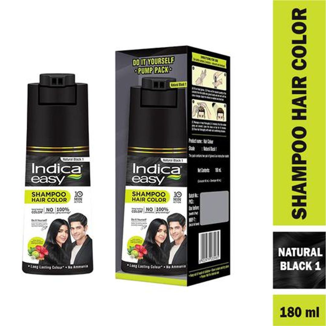 Indica Easy Do-It-Yourself Shampoo Hair Color - With 5 Herbal Extracts, No Ammonia, Long-Lasting Formula, 180 ml Natural Black 1