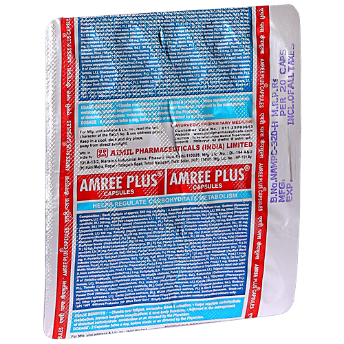 Aimil Amree Plus Capsules - Regulates Carbohydrate Metabolism, Rejuvenate Herbs, Reduces Tiredness & Fatigue, 20 pcs  