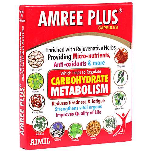 Aimil Amree Plus Capsules - Regulates Carbohydrate Metabolism, Rejuvenate Herbs, Reduces Tiredness & Fatigue, 20 pcs  