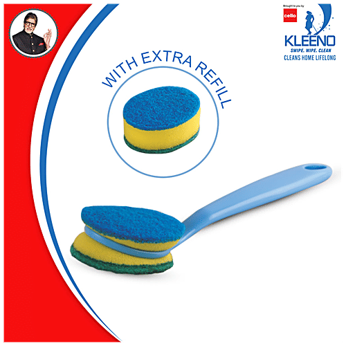Kleeno by Cello Dual Sponge Scrub Handle - With Extra Refill, High Quality, Easy To Use, 1 pc
