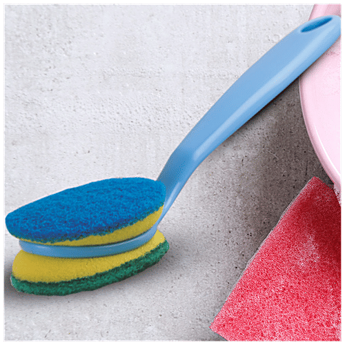 Kleeno by Cello Dual Sponge Scrub Handle - With Extra Refill, High Quality, Easy To Use, 1 pc