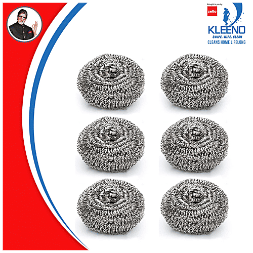 Kleeno by Cello Stainless Steel Scrub Pad - High Quality, Durable, Easy To Use, Small, Silver, 6 pcs