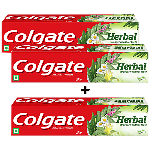 Colgate Herbal Anticavity Toothpaste - Goodness Of Natural Ingredients, For Healthy Teeth, 200 g (Buy 2 Get 1 Free) 