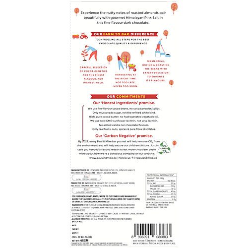 Paul And Mike Roasted Almonds & Himalayan Pink Salt Chocolate - 72% Vegan Dark, No Refined Sugar, Natural, 68 g  