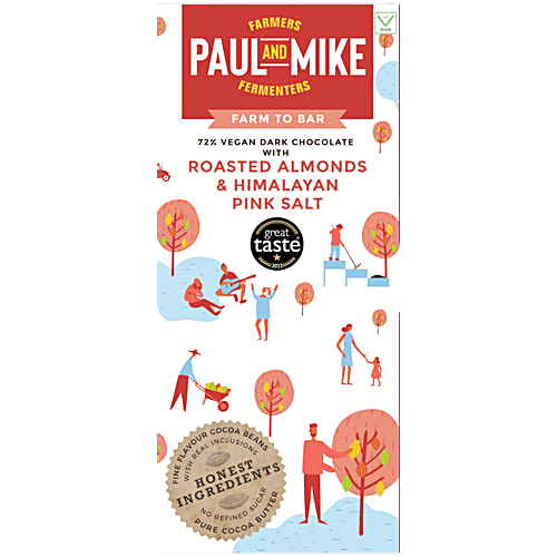 Paul And Mike Roasted Almonds & Himalayan Pink Salt Chocolate - 72% Vegan Dark, No Refined Sugar, Natural, 68 g  