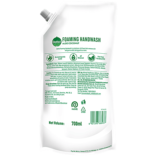 Dettol Aloe Coconut Foaming Handwash, 700 ml  10x Better Germ Protection