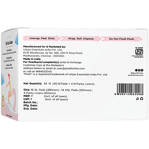 Plush Ultra Thin Sanitary Pads With Disposable Pouches & 4 Panty Liners - XL & XXL, 30 pcs 100% US Cotton, Rash-Free