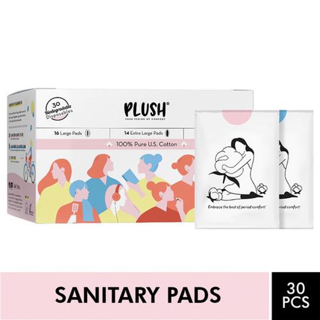 Plush Sanitary Pad - With Disposable Pouches &  Panty Liners, 100% Pure Cotton, L, XL, 30 pcs 