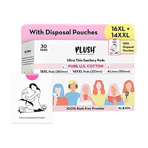 Plush Ultra Thin Sanitary Pads With Disposable Pouches & 4 Panty Liners - XL & XXL, 30 pcs 100% US Cotton, Rash-Free