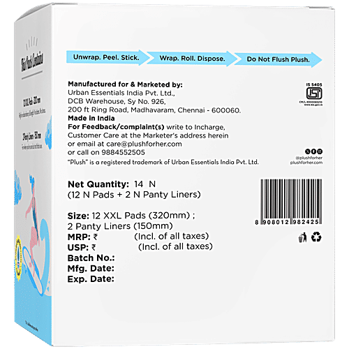 Plush Ultra Thin Sanitary Pads With 2 Liners - XXL, 12 pcs Pure U.S. Cotton, Rash-Free