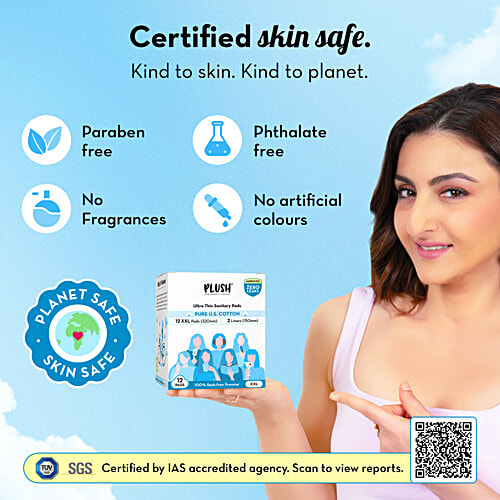 Plush Ultra Thin Sanitary Pads With 2 Liners - XXL, 12 pcs Pure U.S. Cotton, Rash-Free